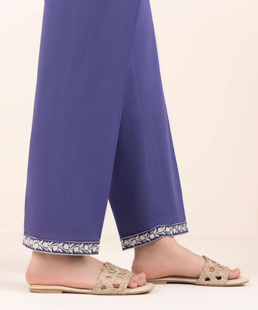 Women's Pret Cambric Purple Embroidered Straight Pants