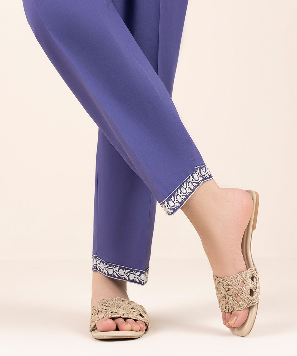 Women's Pret Cambric Purple Embroidered Straight Pants