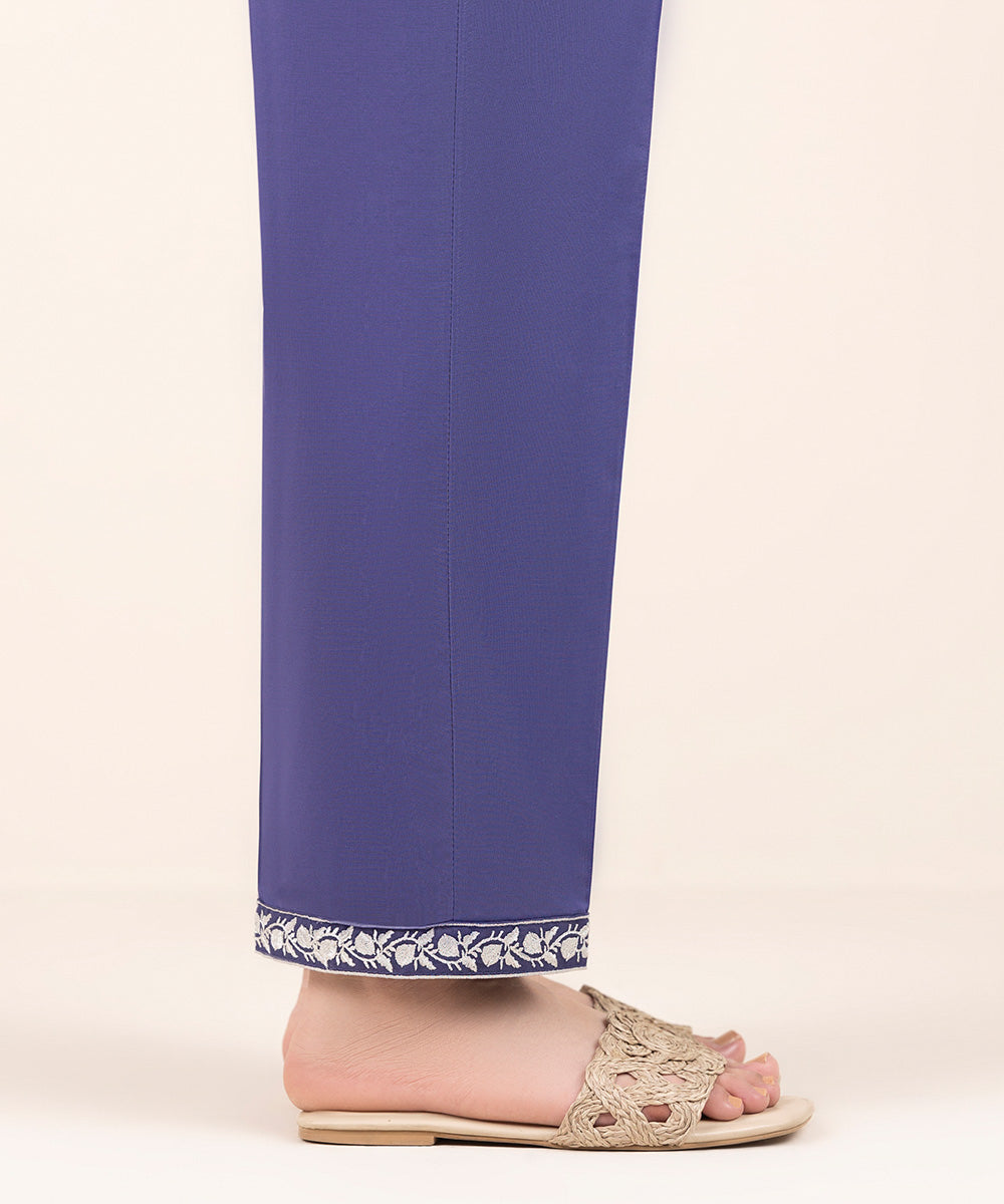 Women's Pret Cambric Purple Embroidered Straight Pants