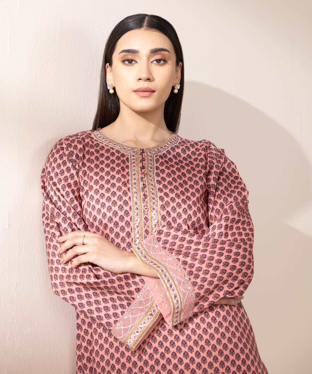 Women's Pret Arabic Lawn Pink Embroidered A-Line Shirt