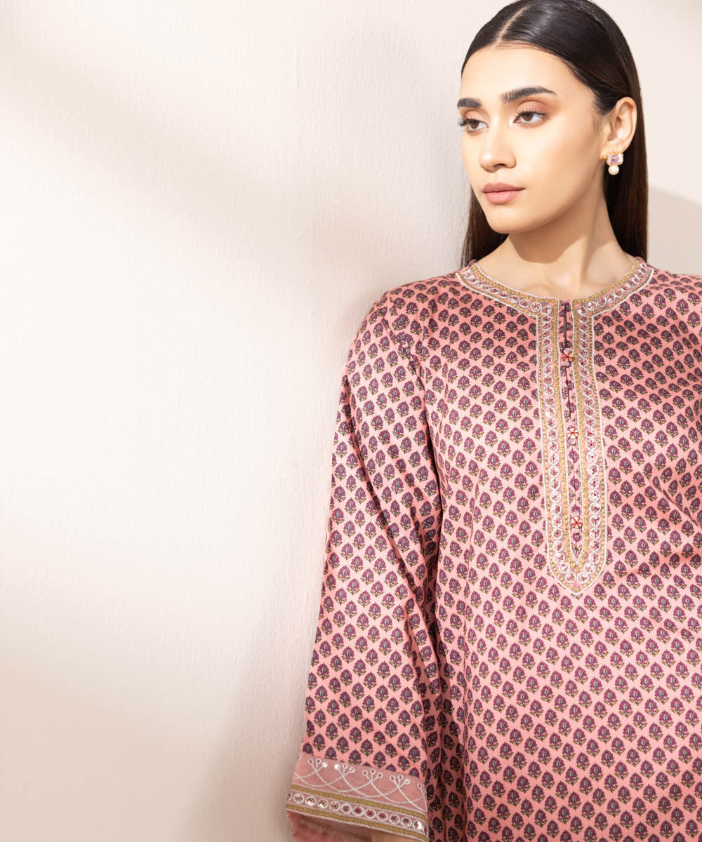 Women's Pret Arabic Lawn Pink Embroidered A-Line Shirt