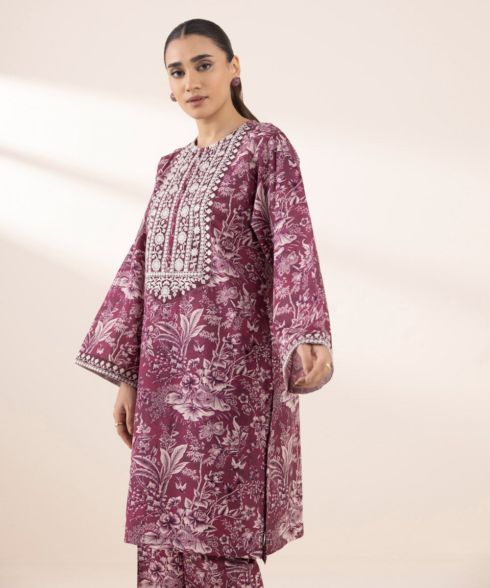 Women's RTW Cotton Viscose Purple Embroidered Boxy Shirt