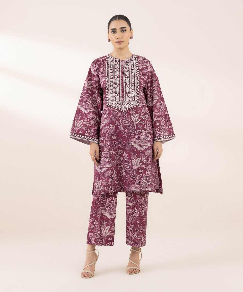 Women's RTW Cotton Viscose Purple Embroidered Boxy Shirt
