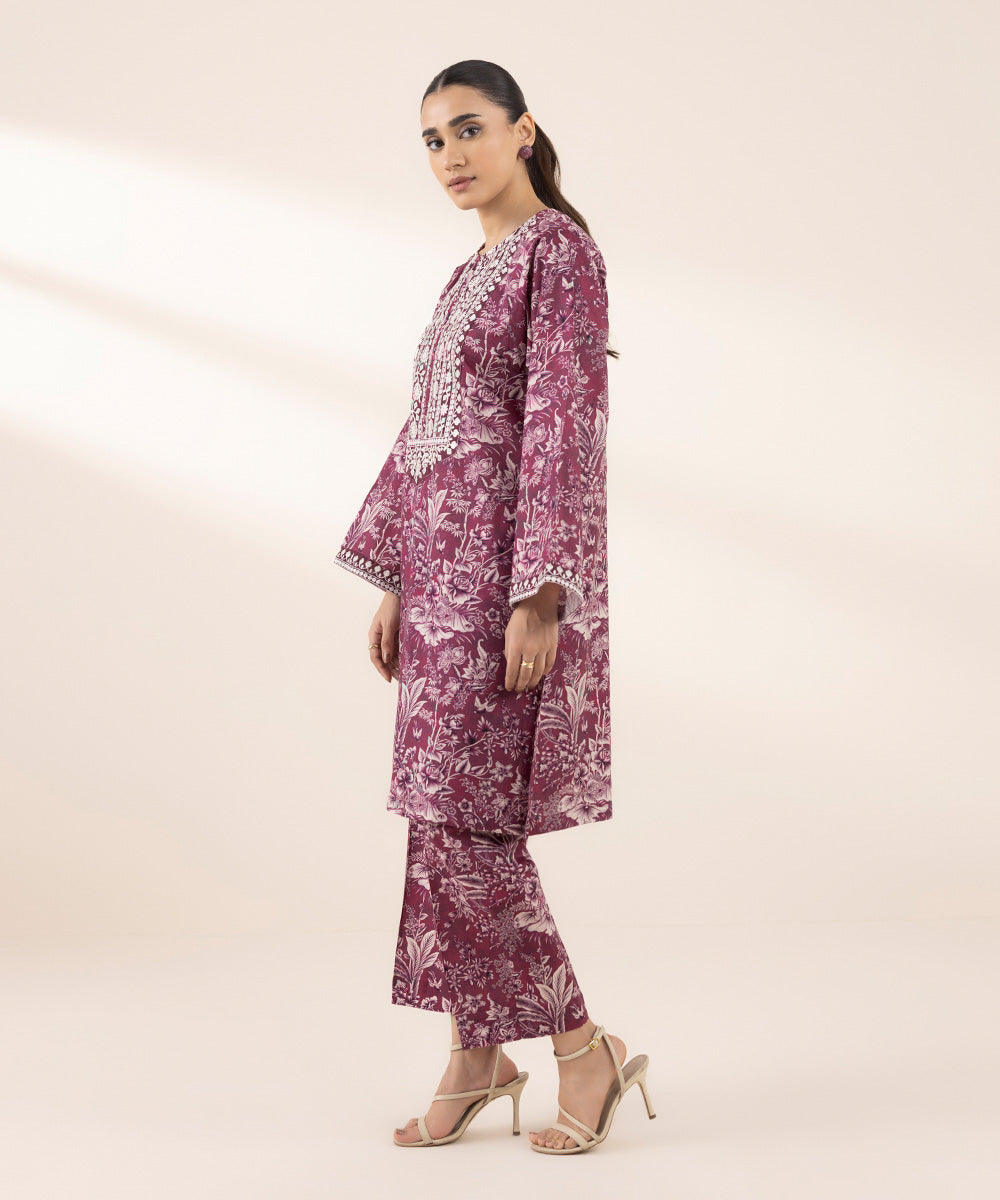 Women's RTW Cotton Viscose Purple Embroidered Boxy Shirt