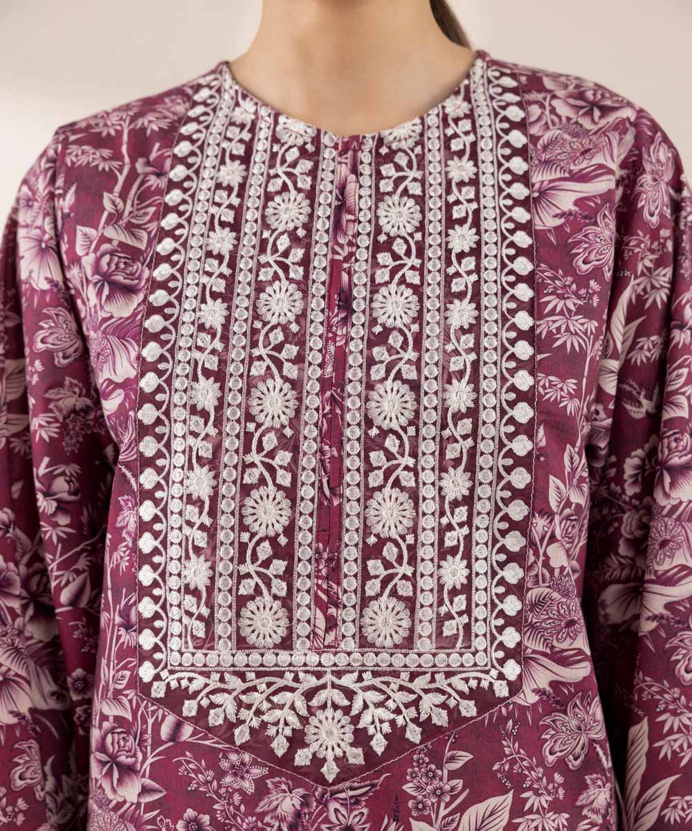 Women's RTW Cotton Viscose Purple Embroidered Boxy Shirt
