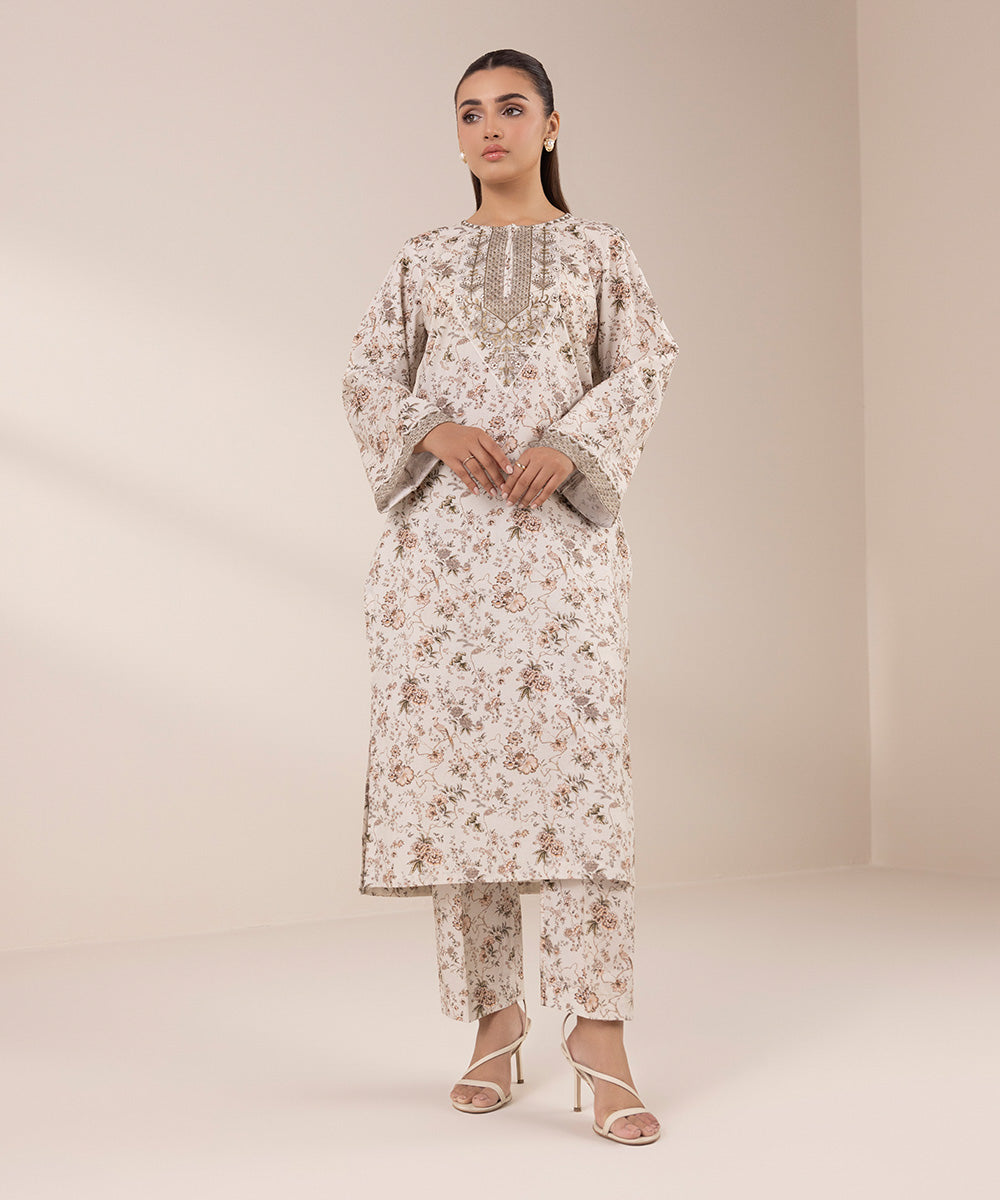 Women's RTW Cotton Viscose Beige Embroidered A-Line Shirt