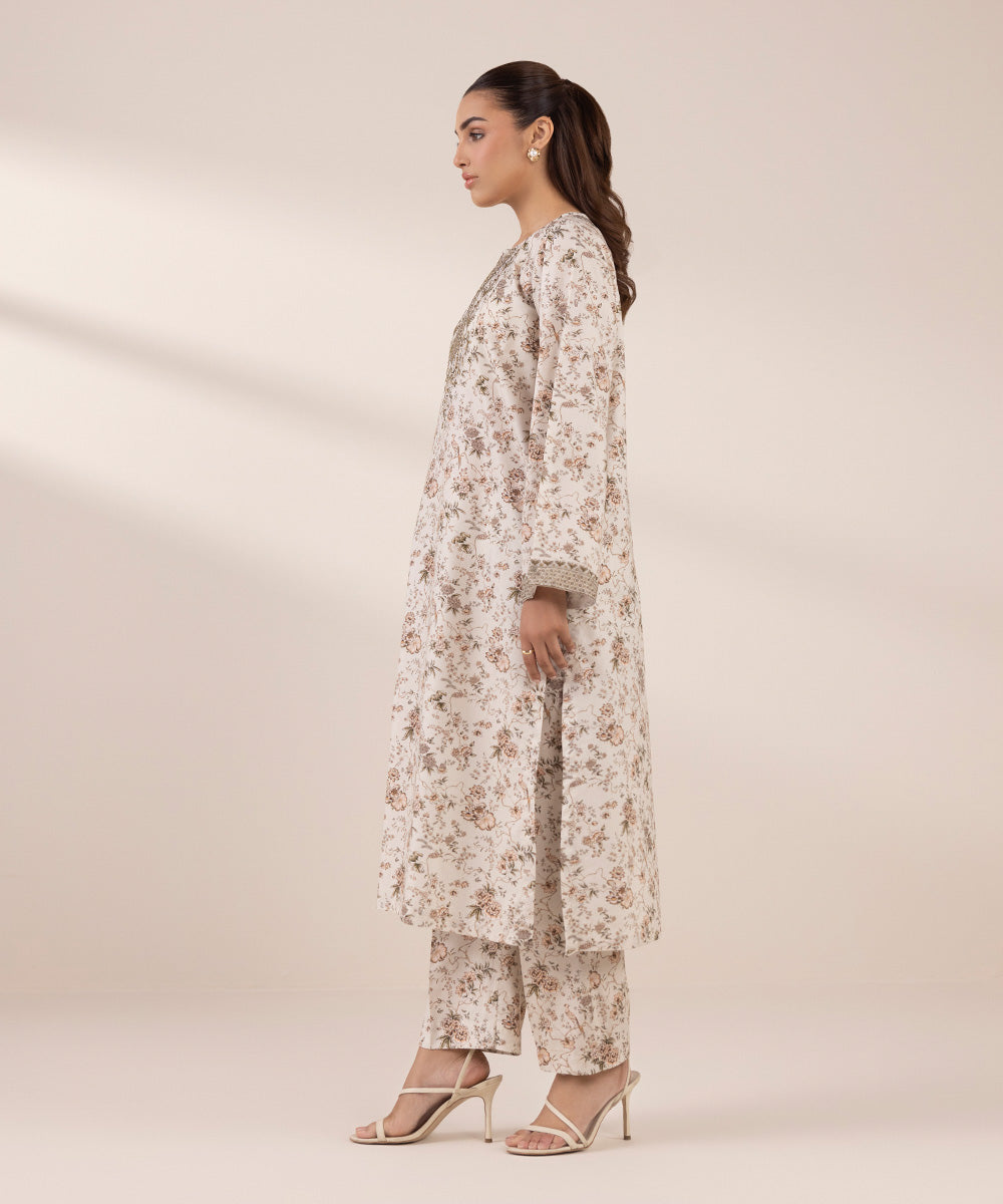 Women's RTW Cotton Viscose Beige Embroidered A-Line Shirt