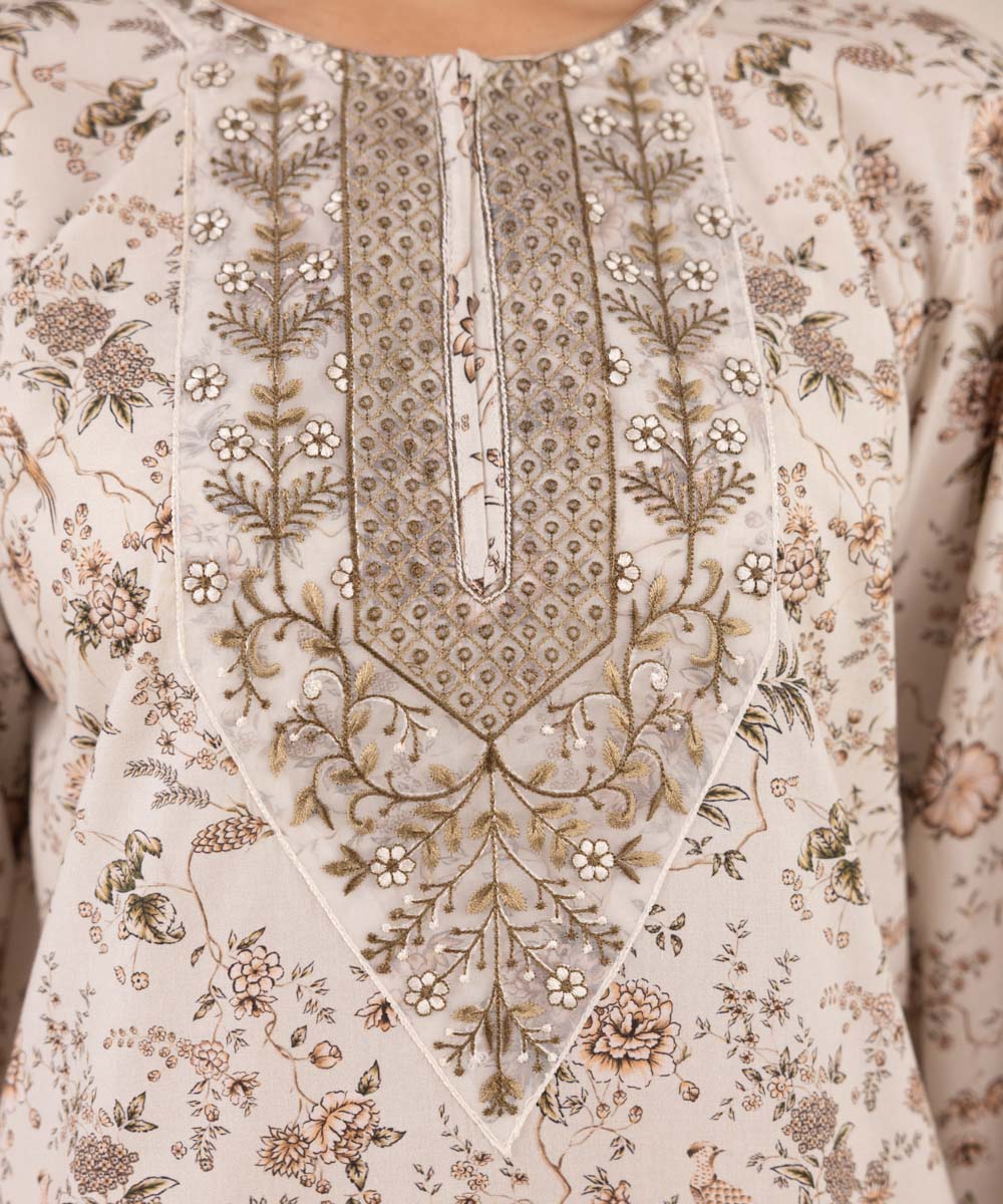 Women's RTW Cotton Viscose Beige Embroidered A-Line Shirt