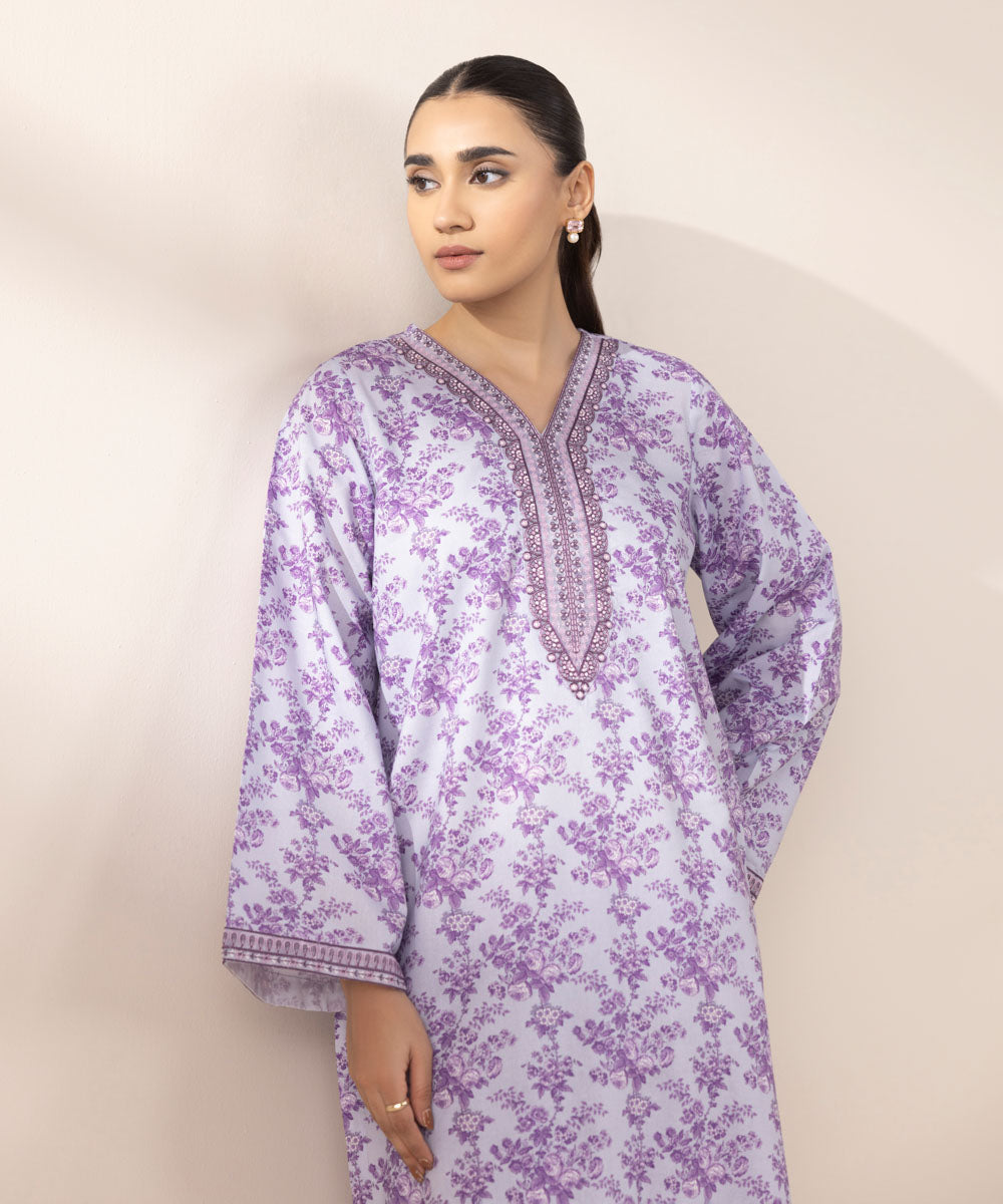 Women's RTW Cotton Viscose Purple Embroidered A-Line Shirt