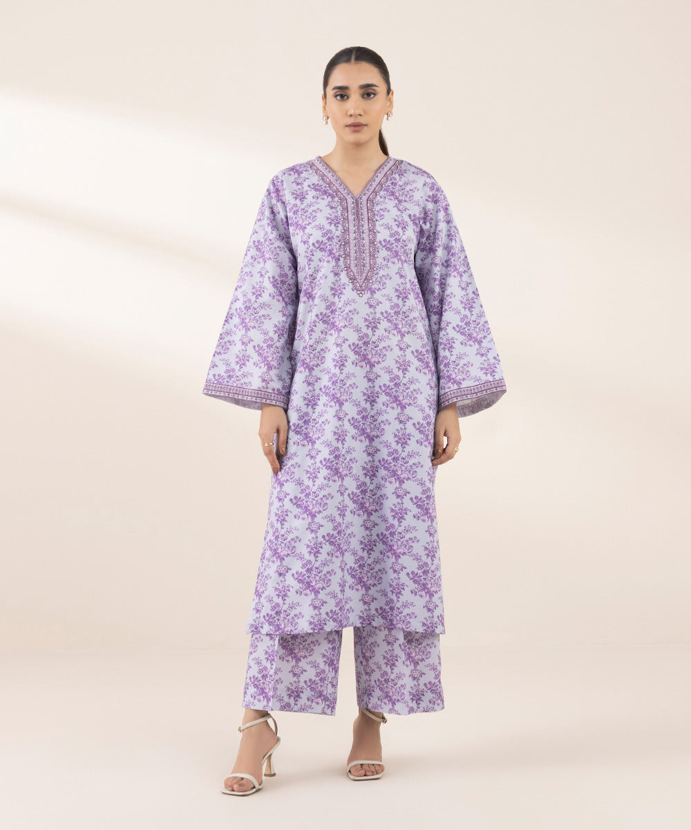 Women's RTW Cotton Viscose Purple Embroidered A-Line Shirt