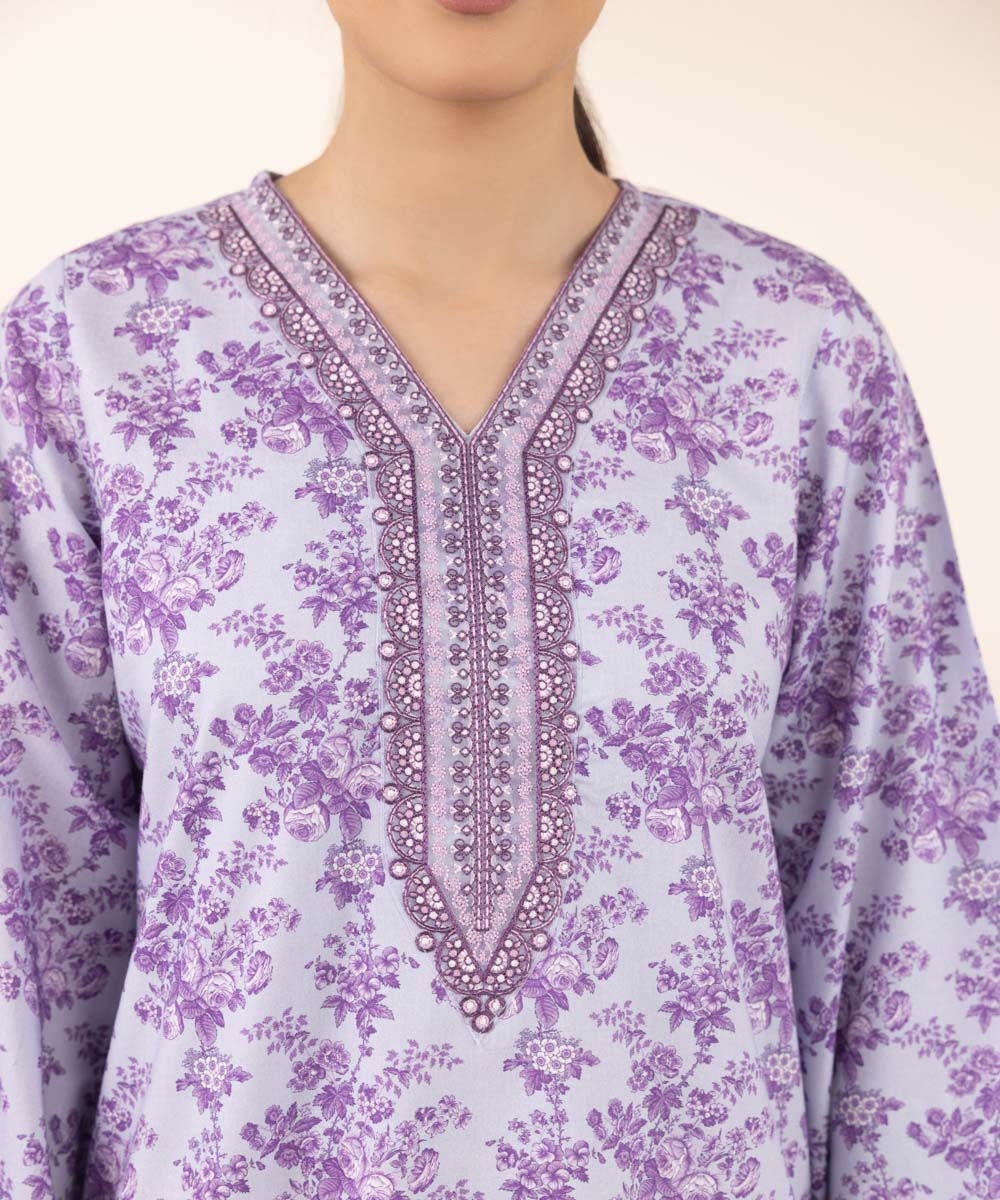 Women's RTW Cotton Viscose Purple Embroidered A-Line Shirt