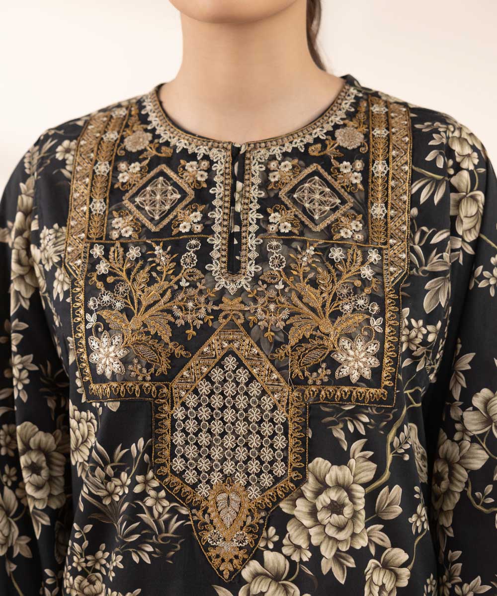 Women's RTW Cotton Viscose Black Embroidered Boxy Shirt
