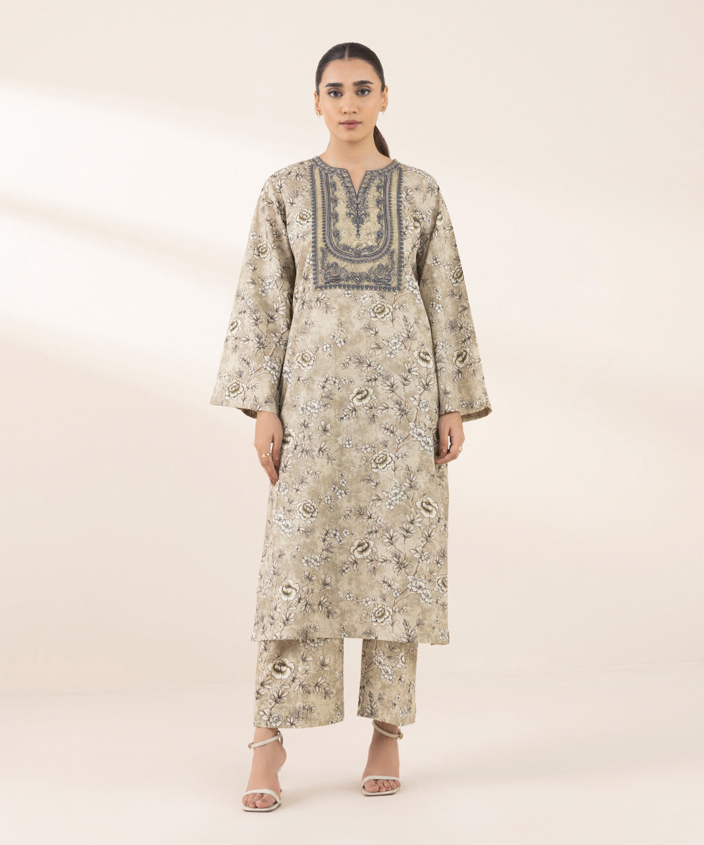 Women's RTW Cotton Viscose Beige Embroidered A-Line Shirt