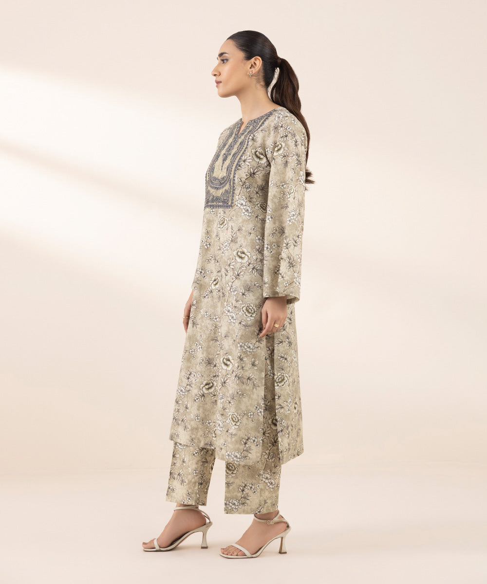 Women's RTW Cotton Viscose Beige Embroidered A-Line Shirt