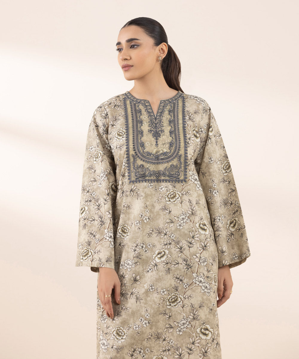 Women's RTW Cotton Viscose Beige Embroidered A-Line Shirt