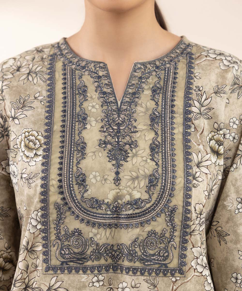 Women's RTW Cotton Viscose Beige Embroidered A-Line Shirt