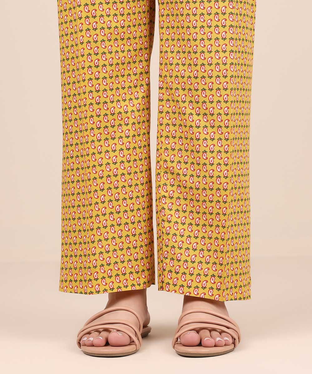 Women's Pret Cambric Yellow Printed Straight Pants