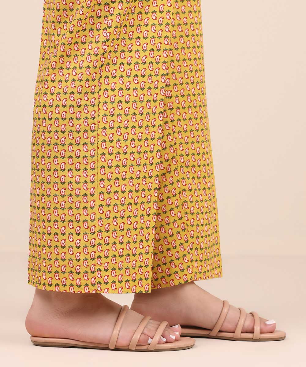 Women's Pret Cambric Yellow Printed Straight Pants