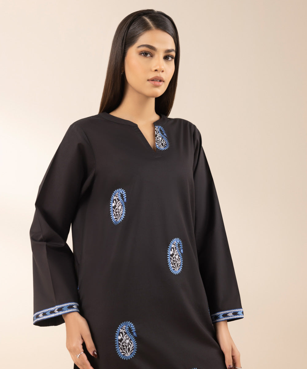 Women's Pret Cambric Black Embroidered Straight Shirt