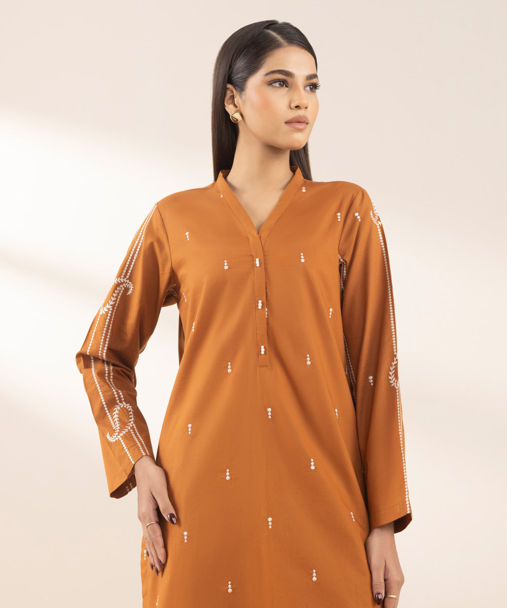 Women's Pret Cambric Rust Embroidered A-Line Shirt