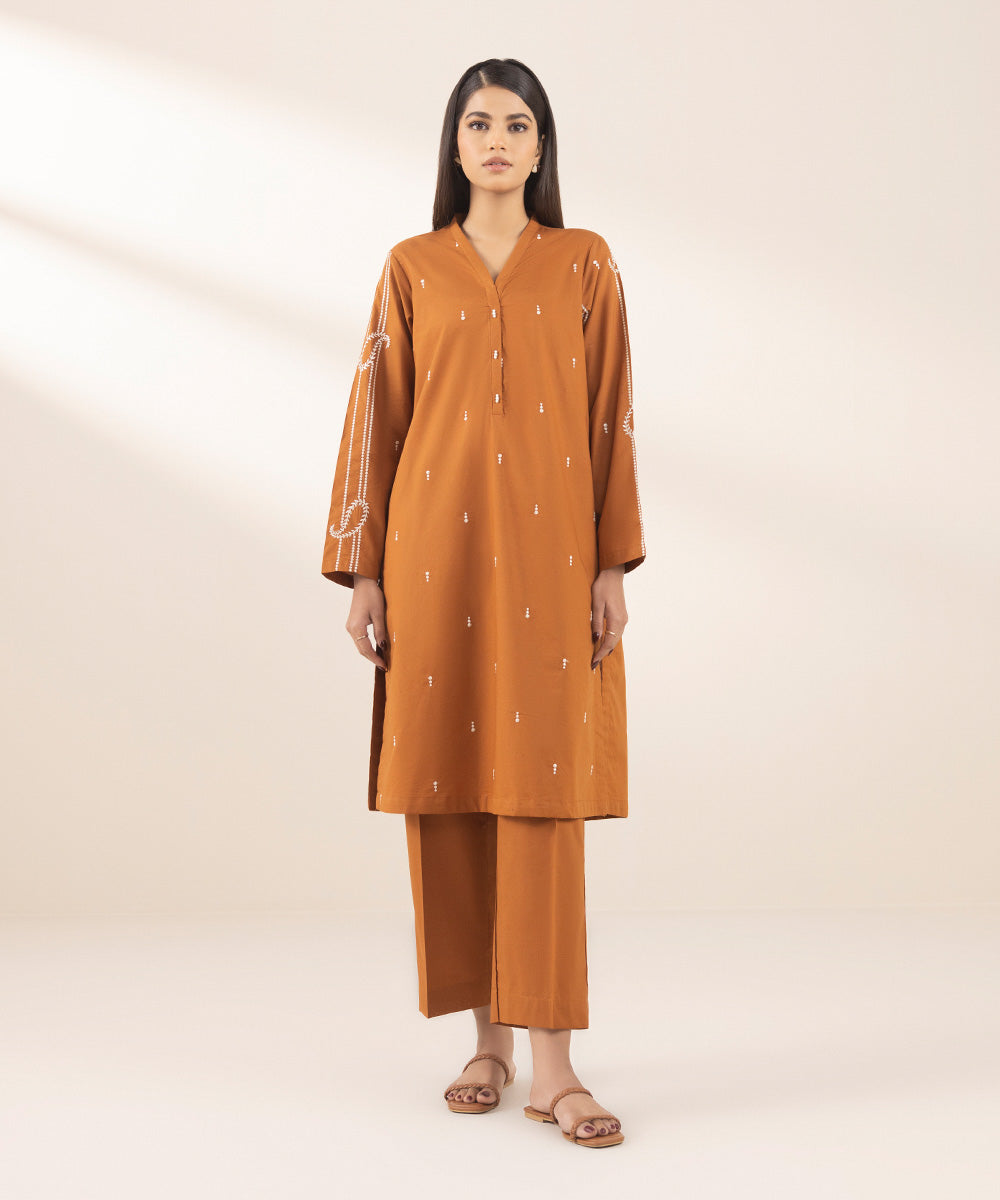 Women's Pret Cambric Rust Embroidered A-Line Shirt