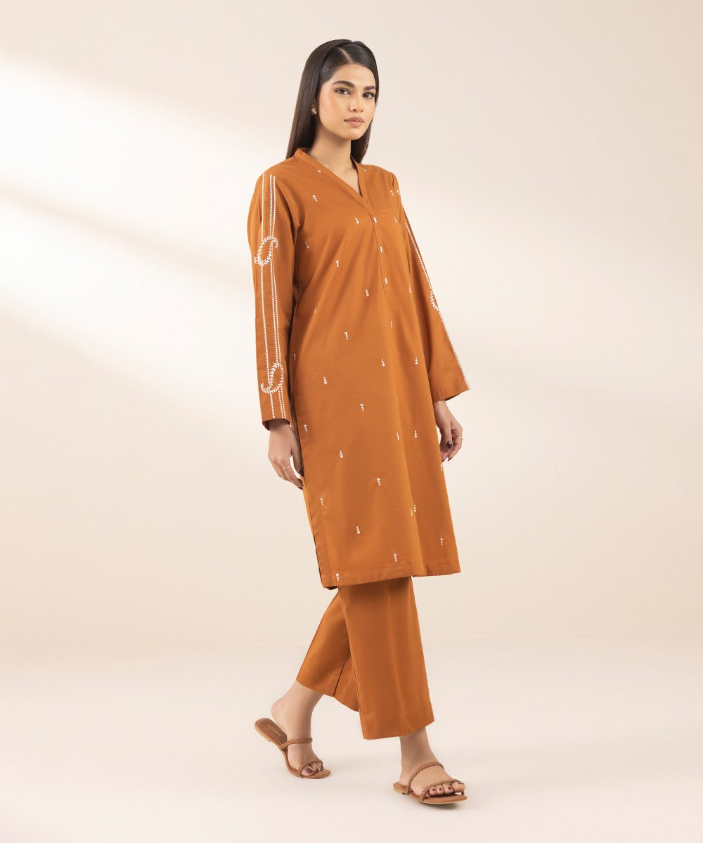 Women's Pret Cambric Rust Embroidered A-Line Shirt