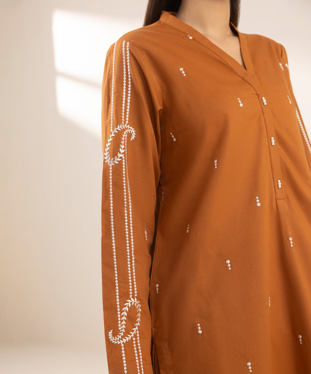 Women's Pret Cambric Rust Embroidered A-Line Shirt