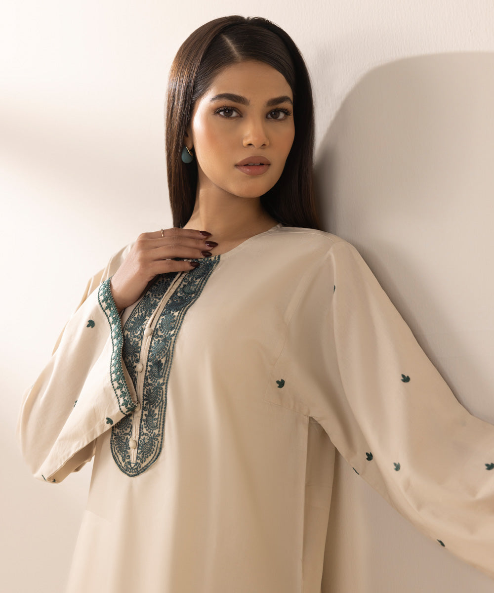 Women's Pret Cambric Beige Embroidered Boxy Shirt