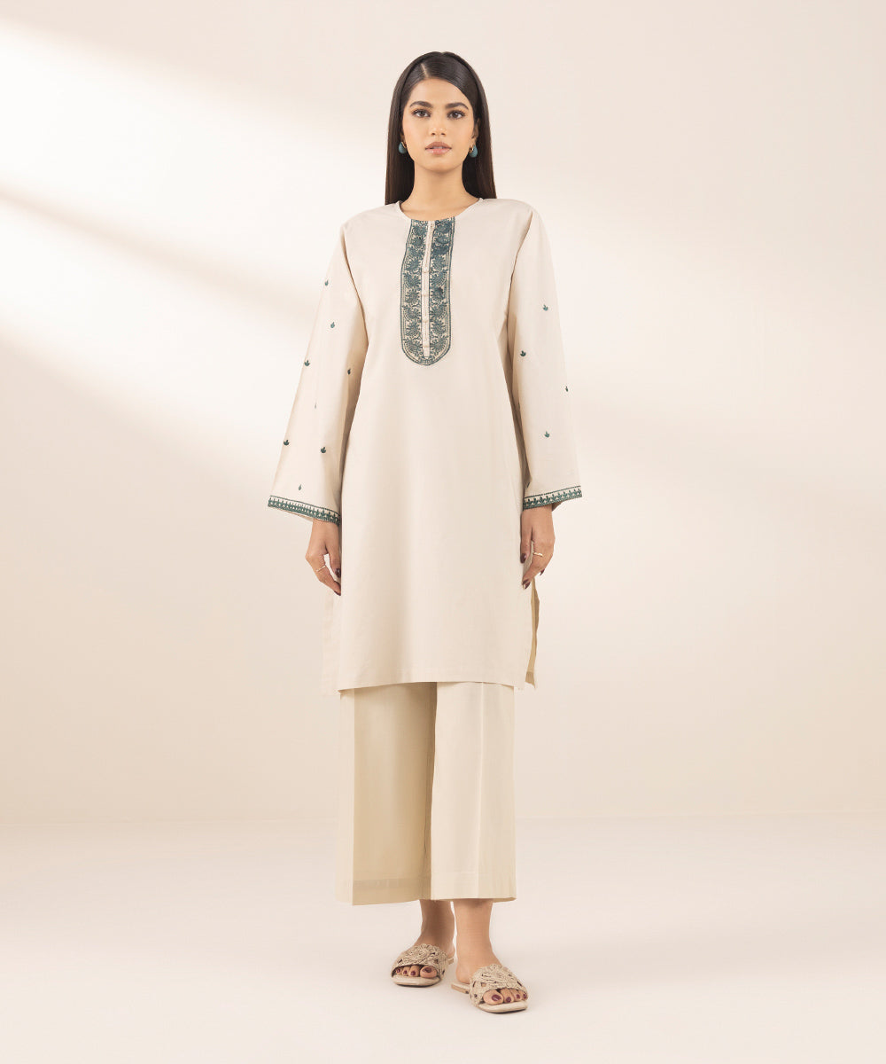 Women's Pret Cambric Beige Embroidered Boxy Shirt