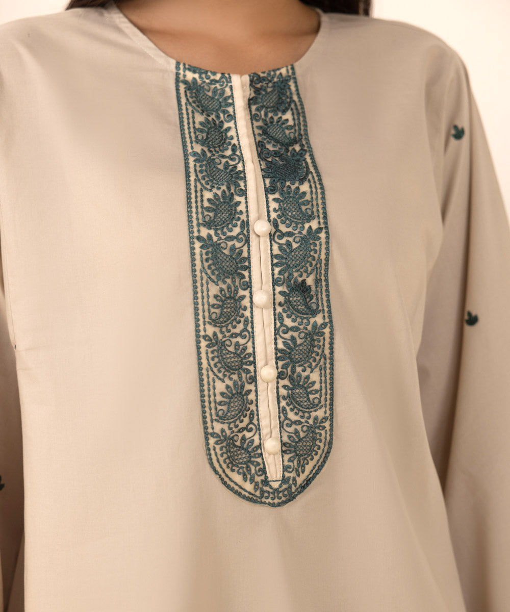 Women's Pret Cambric Beige Embroidered Boxy Shirt