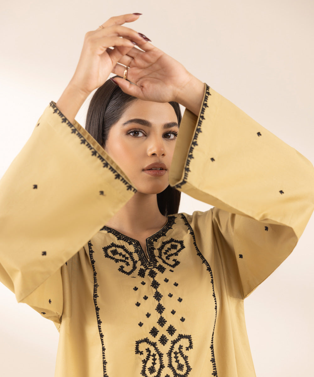 Women's Pret Cambric Beige Embroidered Boxy Shirt