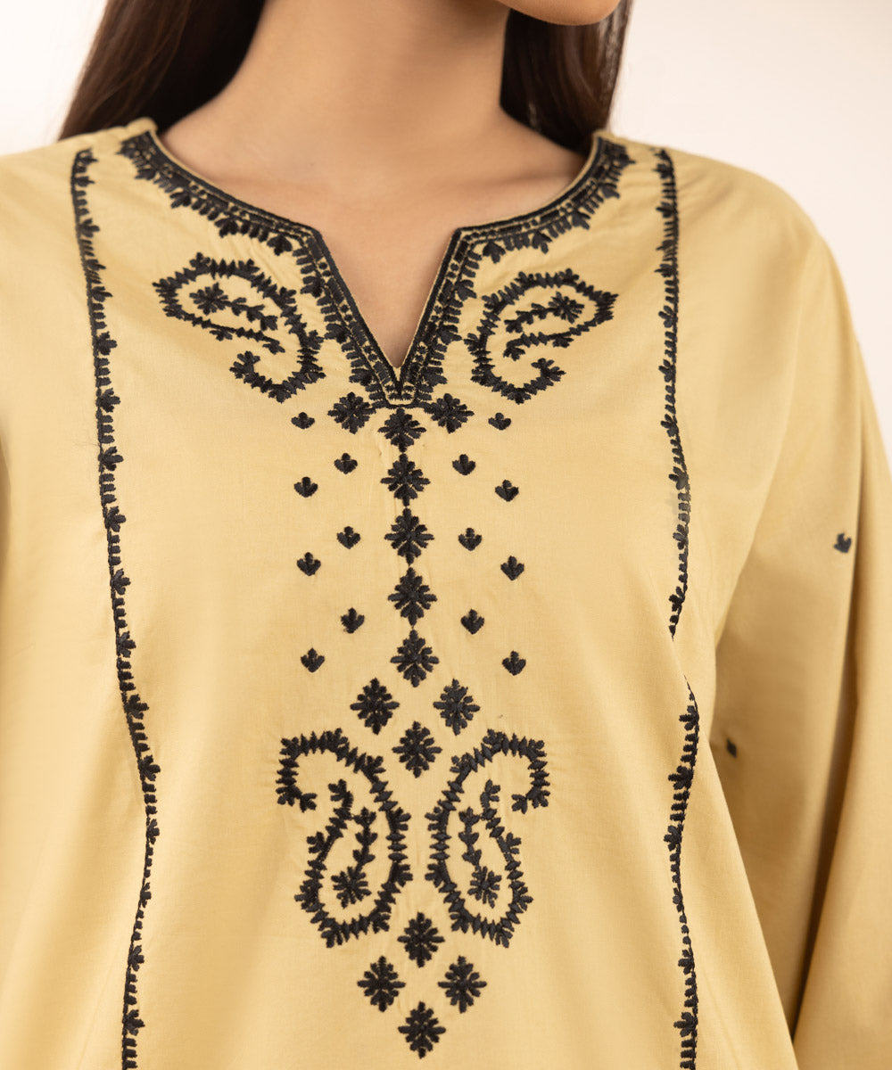 Women's Pret Cambric Beige Embroidered Boxy Shirt