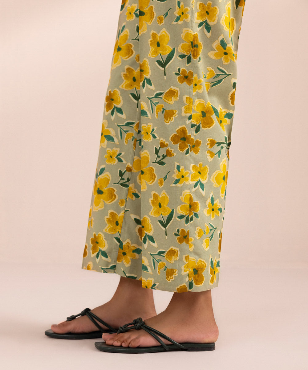 Women's Pret Cotton Green Printed Straight Pants