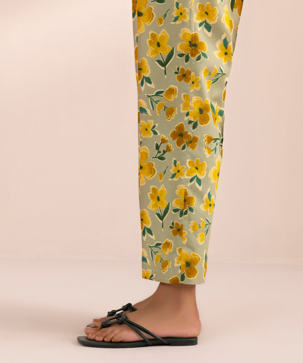 Women's Pret Cotton Green Printed Straight Pants