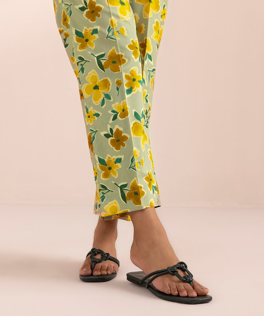 Women's Pret Cotton Green Printed Straight Pants