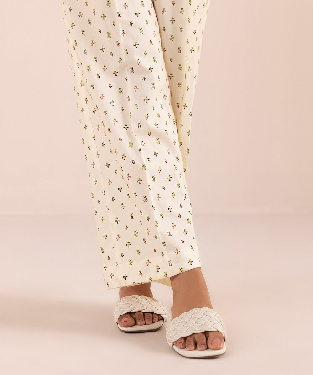 Women's Pret Cotton Off White Printed Straight Pants
