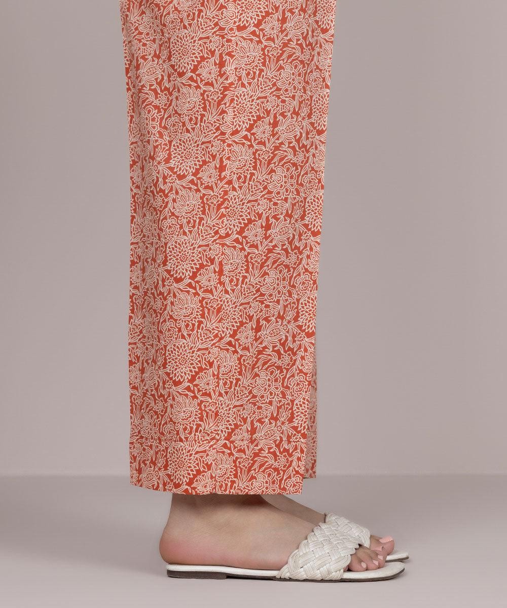 Women's Pret Cotton Orange Printed Straight Pants