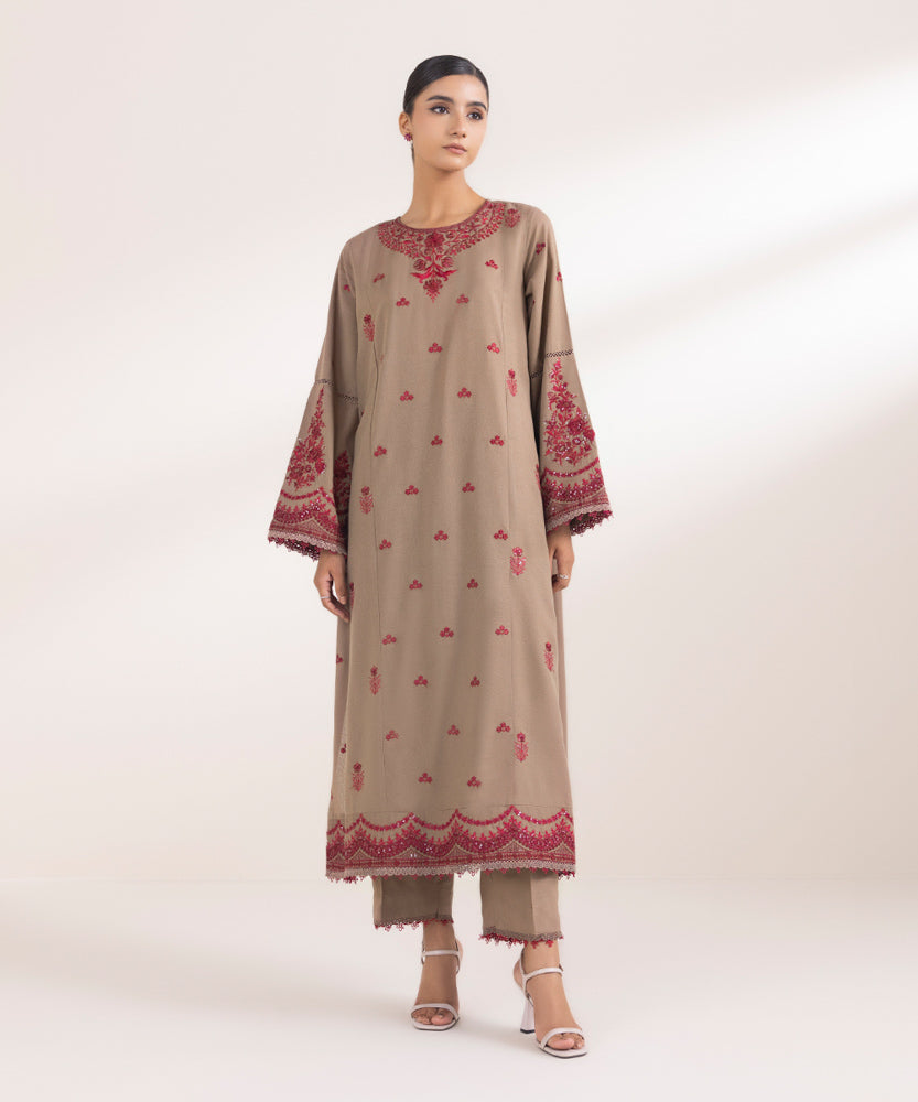 Women's Pret Solid Embroidered Peanut Brown Cotton Karandi A Line Shirt