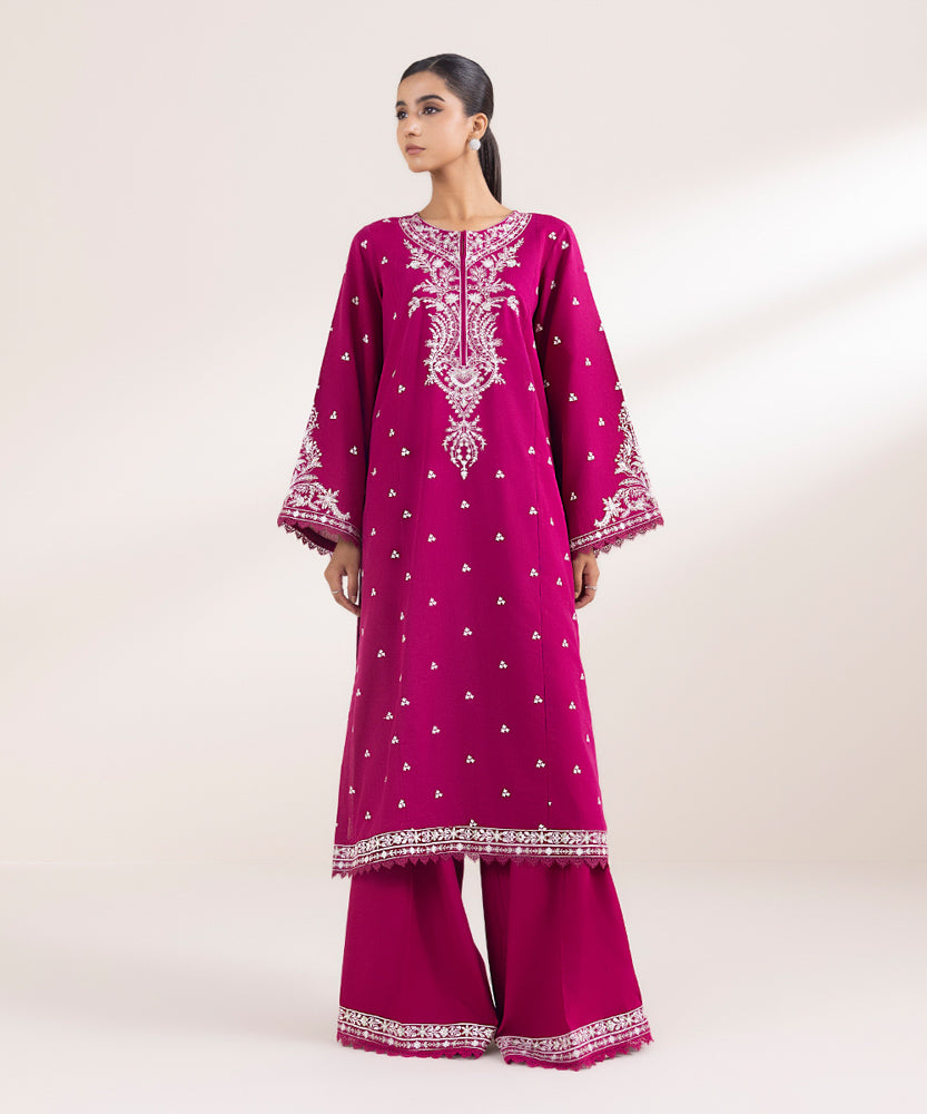 Women's Pret Solid Embroidered Magenta Cotton Karandi A Line Shirt