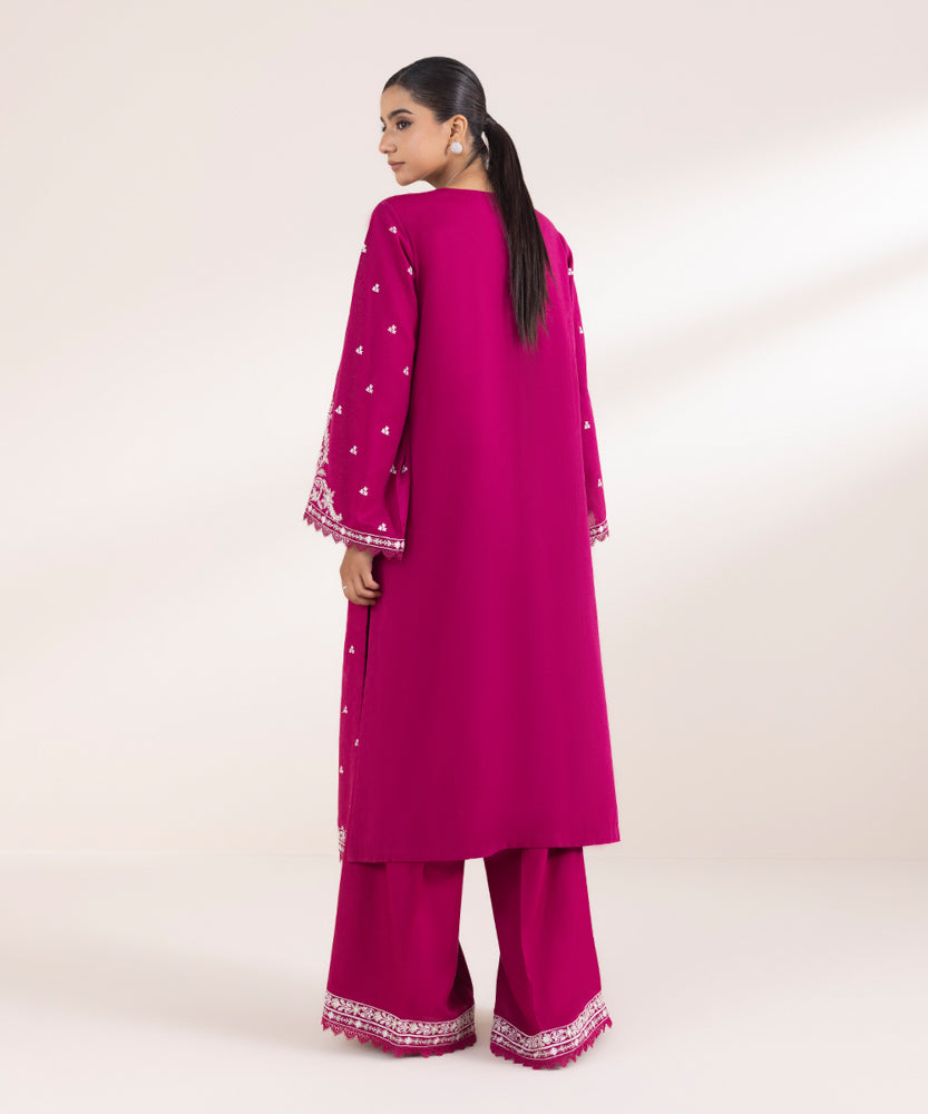 Women's Pret Solid Embroidered Magenta Cotton Karandi A Line Shirt