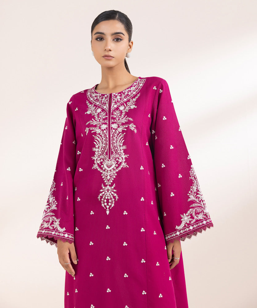 Women's Pret Solid Embroidered Magenta Cotton Karandi A Line Shirt