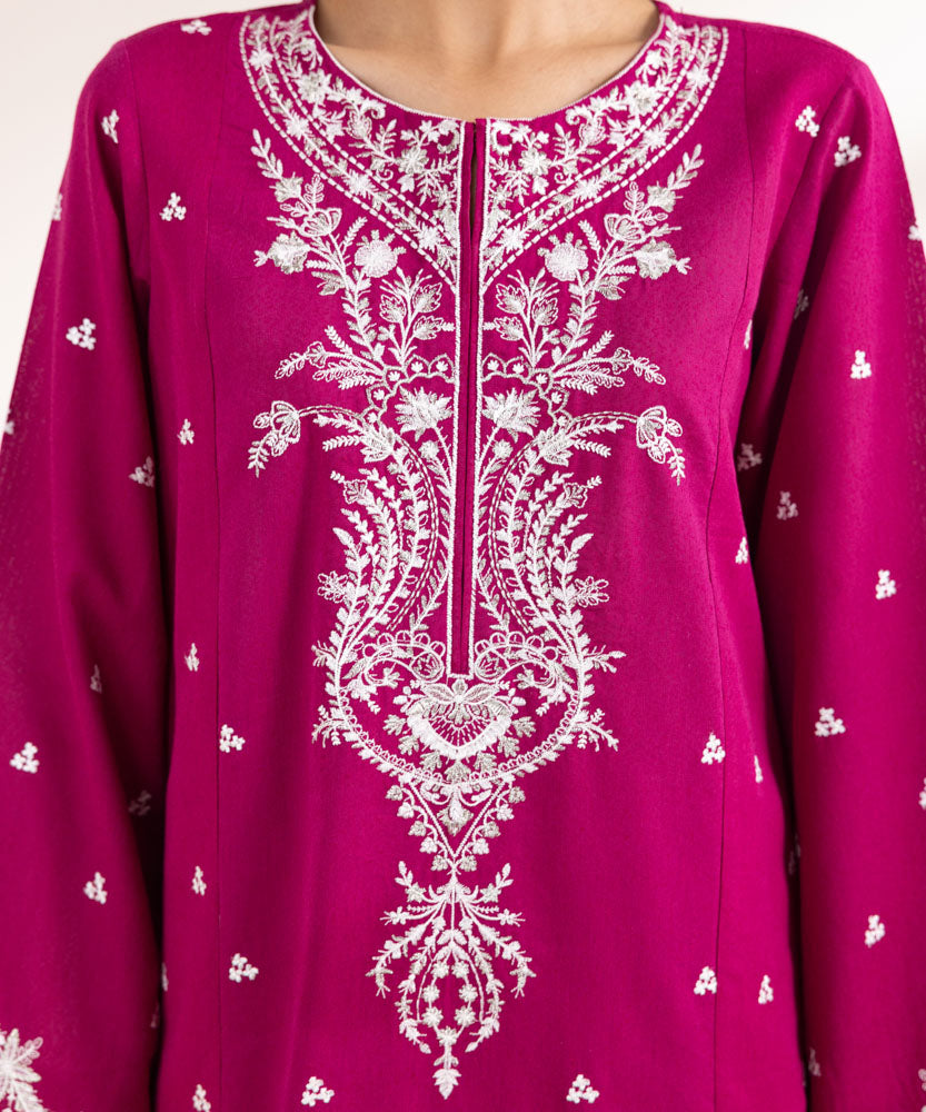 Women's Pret Solid Embroidered Magenta Cotton Karandi A Line Shirt