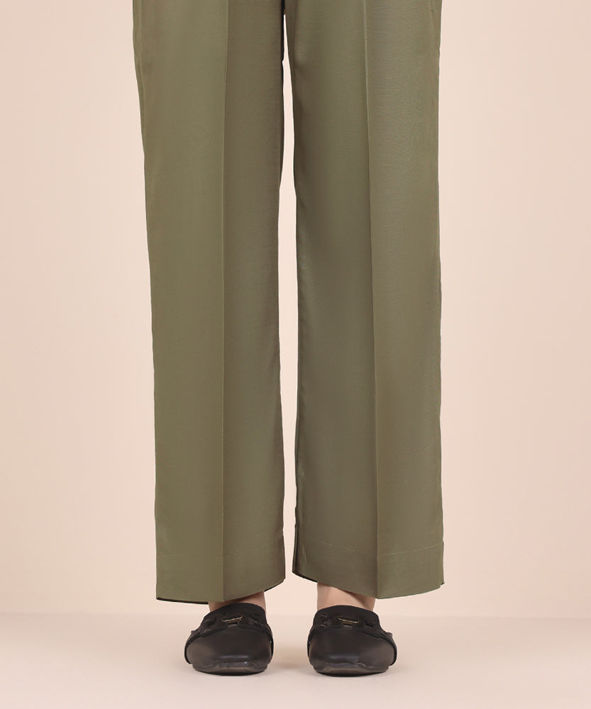 Women's Pret Solid Embroidered Olive Green Dull Raw Silk Straight Trousers