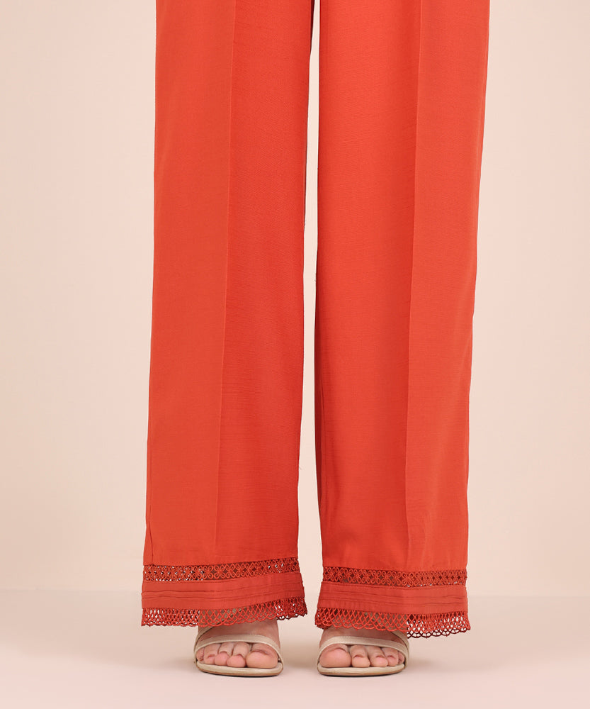 Women's Pret Solid Embroidered Tangerine Dull Raw Silk Culotte Trousers