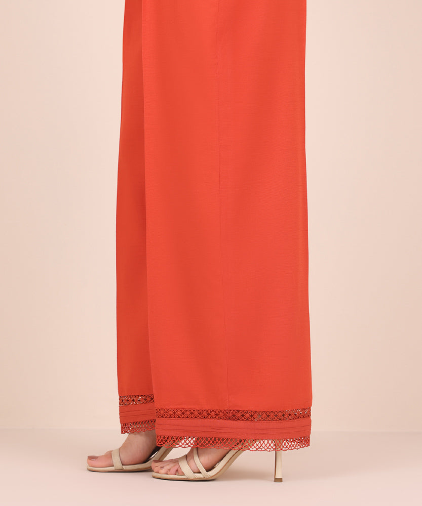 Women's Pret Solid Embroidered Tangerine Dull Raw Silk Culotte Trousers