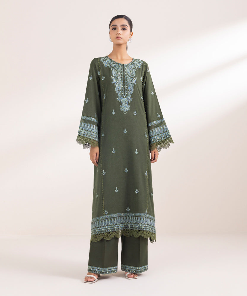 Women's Pret Solid Embroidered Basil Green Cotton Karandi A Line Shirt