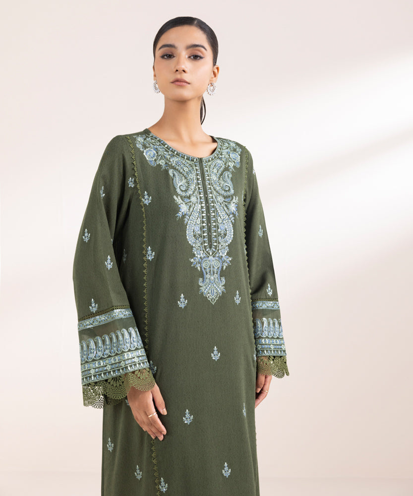 Women's Pret Solid Embroidered Basil Green Cotton Karandi A Line Shirt