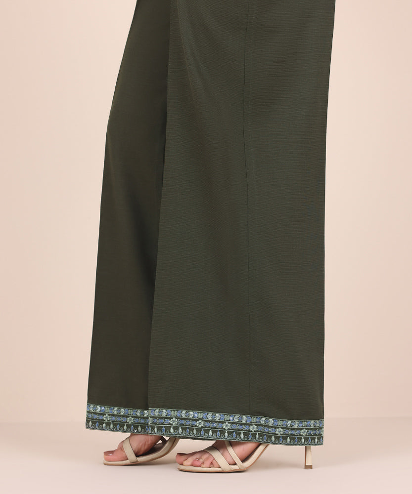 Women's Pret Solid Embroidered Basil Green Dull Raw Silk Culotte Trousers