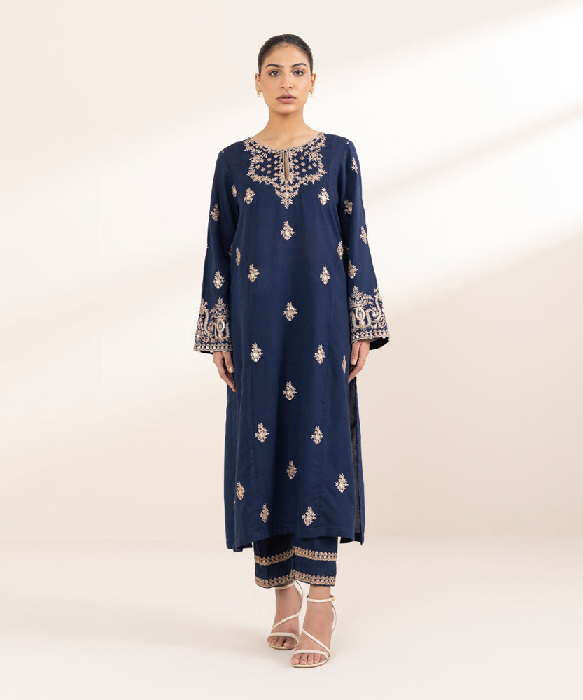 Women's Pret Karandi Embroidered Blue A-Line Shirt