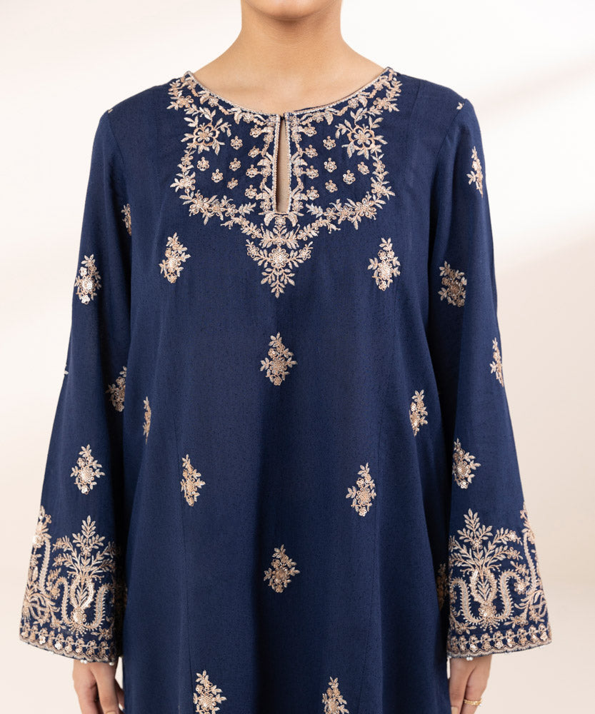 Women's Pret Karandi Embroidered Blue A-Line Shirt